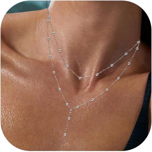 Lariat Silver Necklace for Women, Dainty Long Necklace Silver Y-Shaped Layered Beaded Chain Drop Necklaces for Women Trendy Simple Silver Jewelry for Women Gifts in Kuwait