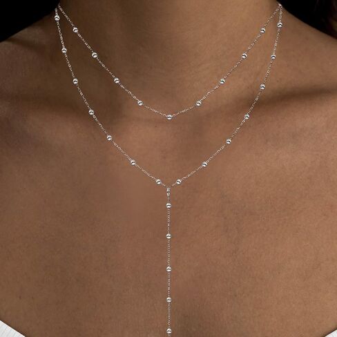 Lariat Silver Necklace for Women, Dainty Long Necklace Silver Y-Shaped Layered Beaded Chain Drop Necklaces for Women Trendy Simple Silver Jewelry for Women Gifts in Kuwait