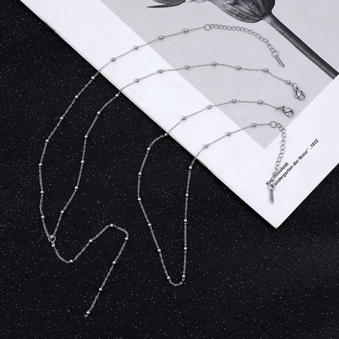 Lariat Silver Necklace for Women, Dainty Long Necklace Silver Y-Shaped Layered Beaded Chain Drop Necklaces for Women Trendy Simple Silver Jewelry for Women Gifts in Kuwait