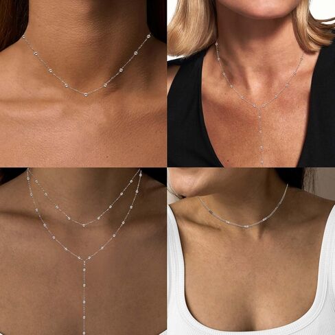 Lariat Silver Necklace for Women, Dainty Long Necklace Silver Y-Shaped Layered Beaded Chain Drop Necklaces for Women Trendy Simple Silver Jewelry for Women Gifts in Kuwait