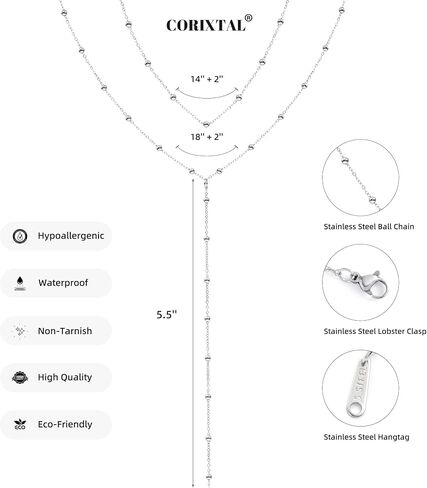 Lariat Silver Necklace for Women, Dainty Long Necklace Silver Y-Shaped Layered Beaded Chain Drop Necklaces for Women Trendy Simple Silver Jewelry for Women Gifts in Kuwait