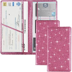 2Pack تسجيل سيارة وتأمين بطاقة التأمين ، حامل الوثيقة مع الإغلاق ، وتغطية تأمين جلدية منظم الأوراق ، منظم قفازات القفازات (الوردي)