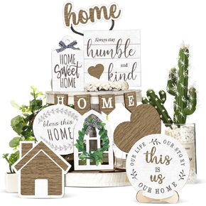 Maitys 10 Pcs Summer Beach Tiered Tray Decoration Set Farmhouse Rustic Decor Wood Sign Rustic Table Ornaments for Kitchen Table Housewarming Gift (Home Style)
