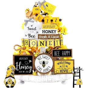 Bucherry 17 Pcs Spring Honey Bee Tiered Tray Decor Set Bee Wooden Signs Gnome Yellow Truck Honey Table Decor Spring Summer Farmhouse Table Signs Decoration