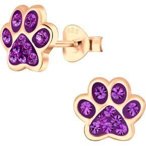 وردة الذهب مطلي على 925 الفضة الاسترليني مع أقراط بطبعة Crystal Paw 5475 (خالية من النيكل)