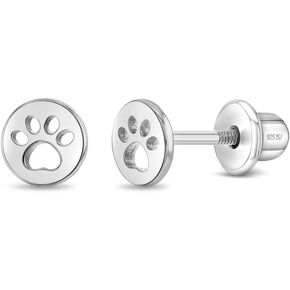 925 Sterling Silver Dog Paw Coin Safety Screw Back Earrings for Little Girls - Children's Paw Shaped for Dog or Cat Best Friends - Pet Loving for Young Girls