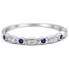 2mm Half Eternity Wedding Band Art Deco Design Round Simulated Blue Sapphire CZ 925 Sterling Silver, Size-10
