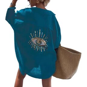 GGOOB Oversized Sequin Evil Eye Shirts Long Sleeve Linen Button Down Shirt Women Beach Cover Ups Summer 2024