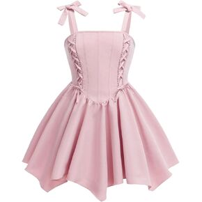 SHENHE Girl's Vintage Smocked Lace Up Bow Tie Flowy Birthday Party Princess Corset Dress
