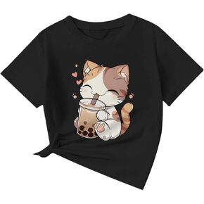 Keevici لطيف القمصان القط للفتيات الرسومات المحملات الشاي الشاي Tshirt Kidaii كراتون الكرتون طباعة Tirt قمم القطن الصيفي