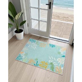 Seavish Modern Coastal Bathroom Runner Rug, 2x6 Aqua Green Tropical Coral Runners for Hallways, Low Pile Nautical Kitchen Runner Rugs Non Skid Washable, Seaside Rug for Entryway Laundry Bedroom