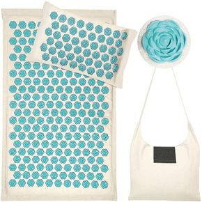 Acupressure Mat and Pillow Set,Natural Eco Linen & Coconut Fiber Filling, Used for Relaxing Muscles，Comes with Carrying Bag（Blue）