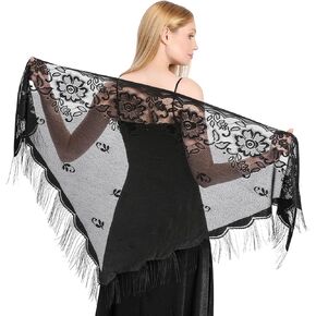 Triangle Lace Shawls and Wraps for Evening Dresses with Tassels for Evening Party Mesh Wedding Shawls (Black)