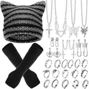 22 Pcs Y2k Grunge Knitted Cat Beanie with Fairy Grunge Ripped Gloves Earrings Necklace Rings Set Devil Horn Grunge Accessories Slouchy Hat Crochet Beanie with Ears in Saudi Arabia
