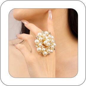 Vintage Pearl Ring for Women Big Promise Stacking Pearl Crystal Cluster Flower Rings Adjustable Open Finger Ring 1920s Pearl Statement Jewelry for Bridal Wedding Prom