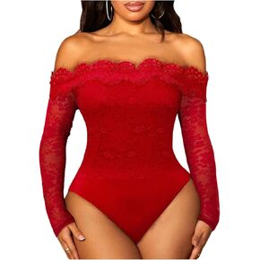 WDIRARA Women's Off Shoulder Floral Lace Bodysuit Mesh Long Sleeve Leotard Top Red Small