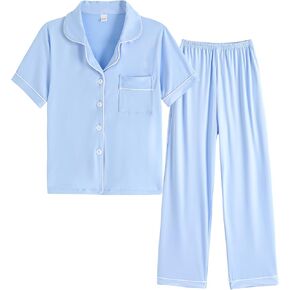 Girls Button Down Pajama Sets Short Sleeve Long Pants 2pcs Sleepwear Cute Patterns Outfits with Poackets Nighty