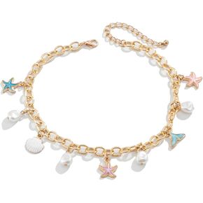 Gold Shell Charm Bracelets for Women Pearl Seashell Bracelets Starfish Shell Mermaid tail Pendant Bracelets Beach Jewelry for Women