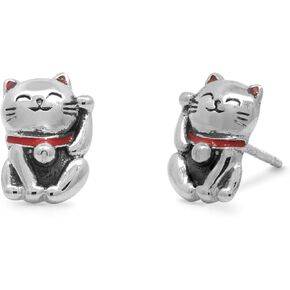 Boma Jewelry Sterling Silver Maneki اليابانية Luck Cat Stud أقراط مع مينا مطلية باليد