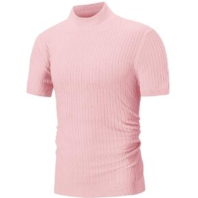 QZH.DUAO Men's Casual Slim Fit Short Sleeve Mock Turtleneck Knit Pullover Sweater, Pink, US Large