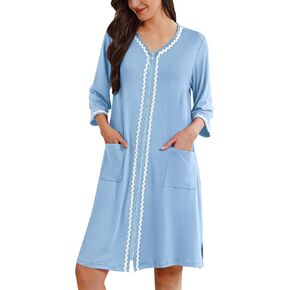 Ekouaer Zipper Robes for Women 3/4 Sleeves Lightweight House Coat Zip Up Bathrobe Soft Nightgown with Pockets (Pale Blue, Medium)