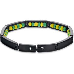 In Season Jewelry Black Stainless Steel Babalawo Green and Yellow Beads Ilde de Orula Bracelet 8" - Green & Yellow Protection Beaded Bracelet for Adult Men and Women