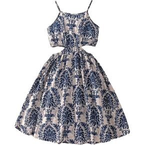 SHENHE Girl's Floral Print Cut Out Cami Dress Sleeveless Ruffle Hem A Line Short Dresses