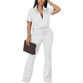 HBQ Women 2 Piece Outfits Sweatsuit Set Casual Lapel Zip Up Jacket Wide Leg Pant Lounge Set Tracksuit-M-White