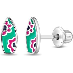 925 Sterling Silver Teal Finamel Flower Surfboard Surface Safety Strains for Little Girls - أقراط ألواح التزلج على الأمواج - أقراط يوم شاطئ صغير للأطفال الصغار