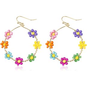 Bohemian Beaded Statement Earrings - Lightweight Sparkly Crystal Round Dangle Drop, Multi Color Rainbow Circle Hoops