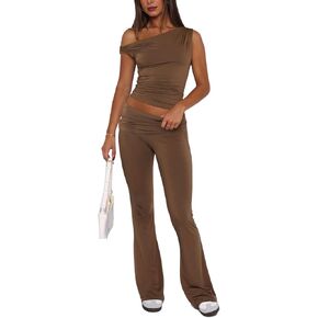 Women’s 2 Piece Lounge Sets Sleeveless Off Shoulder Crop Tops Fold Over Flare Pants Causal Y2k Outfits Tracksuits