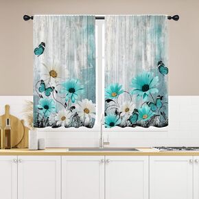 بيروربور المطبخ الأزهار الستائر 27.5W × 39L بوصة صغيرة صغيرة فيروز مائي زهرة ريفي ريفي ريفي أبيض ديزي قضيب قضيب القضيب القصيرة لمقهى نوافذ الستائر معالجة النسيج 2 لوحات