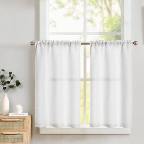Lazzzy Linen Tier Cafe Curtains - White, Semi-Sheer Kitchen & Bathroom Curtains, 36 Inch Length, 2 Panels with Rod Pocket