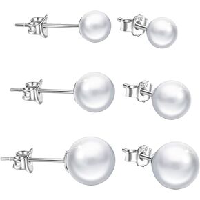 Yumilok 3 Pack 6 PCS Simulated Freshwater Pearl Earrings Stud Earrings for Women Round Ball Earrings Studs Sets Earrings for Teen Girls Sterling Silver Stud Earrings