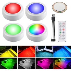 Teguangmei 4PCS Car LED Lights Interior Wireless with Remote, 16 Colors 4 Brightness Car Interior Lights, USB Rechargeable Magnetic Installation Ambient Lighting, Night Lights for Auto Decor
