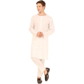 Mens Indian Casual Cotton Kurta Pajama Set - White - Crew Neck