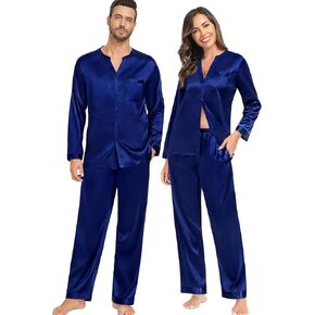 SWOMOG Matching Couple Pajamas Set Family Satin Silk Pjs Button Loungewear Men and Women Long Sleeve Sleepwear