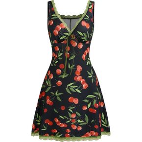 CIDER Summer Mini Dresses for Women Fruit Pattern Sweetheart Neck Sleeveless Sundress Knotted Tie A Line Sun Dresses