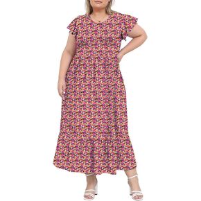 Moon Wood Women’s 2025 Plus Size Disual Dress Dress Crew Neck Shulk Short Summer Maxi Dresses with Mobicets