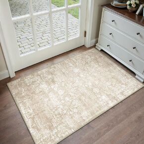 2x6 Washable Runner Rug Beige Modren Neutral Hallway Kitchen Farmhuose Long Area Rug Bedroom Side Indoor Carpet Non Slip Low Pile Soft Throw Rug for Entrance Decor