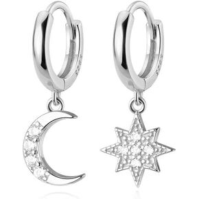 REFFEER SOLID 925 Sterling Silver CZ Star Moon Drop أقراط للنساء المراهقات Crystal Moon Star أقراط