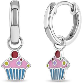 925 Sterling Silver Multicolor Enamel Cupcake Dangle Hoop Earrings For Little Girls 10mm - Adorable & Fun Food Themed Jewelry for Young Girls