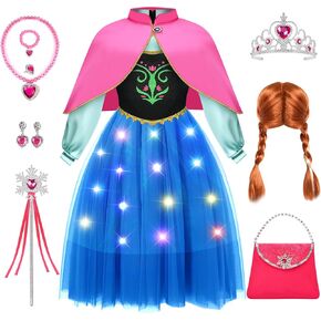 LATOCOS 11PCS Girls Princess Dress Costume Toddler Kids Light Up Princess Dress Up Case Cape Wig Halloween Party Gift