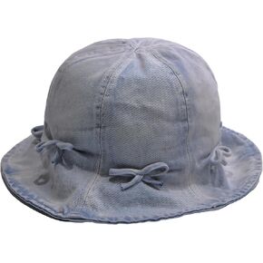 Cotton Denim Distressed Bucket Hat for Women, Bow Sun Hat