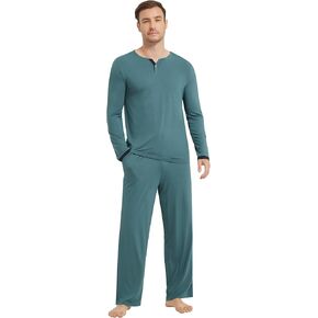 NACHILA Men's Pajamas-Viscose Made from Bamboo, Long Sleeve Pajama Sets with Long Sleepwear Pant V Neck Pjs Soft Lounge Sets
