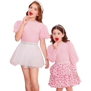 WDIRARA Girl's Pearls Trim Tee Tops Contrast Mesh Polka Dots Short Puff Sleeve Mock Neck T-Shirts