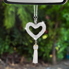 Silver Bling Heart Car Mirror Hanging Accessories, Rhinestone Rear View Mirror Accessories with Tassel, Cute Car Hanging Accessories, Crystal Sparkly Car Accessories Charm for Women