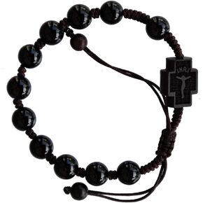 جيب Cera Black Onyx Stone/Jujube Wood 1 عقد من المسبحة الكاثوليكية ، مركزية محفورة بالليزر على الوجهين مع الصليب/مادونا مع الطفل ، تصميم سلك قابل للتعديل ، حبات ناعمة 8 ملم