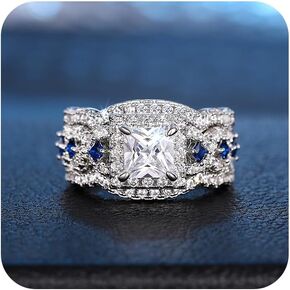 LRESJJIUJ Sterling Silver Stones Wedding Engagement Rings 3PCS Simulated Blue Sapphire Princess Cut Cubic Zirconia CZ Ring Set for Women, Rhodium Plated 10