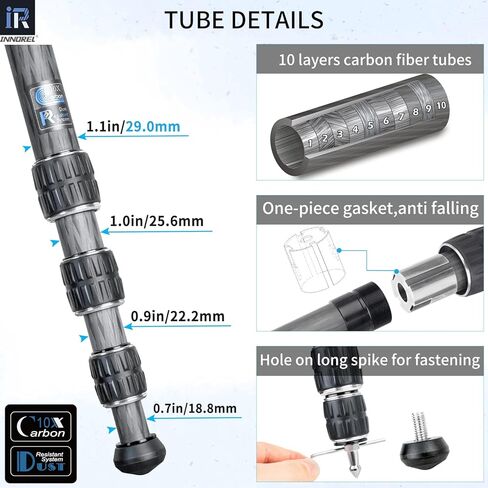 حامل ثلاثي من ألياف الكربون-INNOREL CT85C حامل ثلاثي احترافي محمول لكاميرا DSLR حامل عالي التحمل مع أنبوب 32 مم/1.26 بوصة مركز جاذبية منخفضة 360 درجة رأس كروي بانورامي أقصى تحميل 55 رطل/25 كجم عمود مركزي قصير in Kuwait